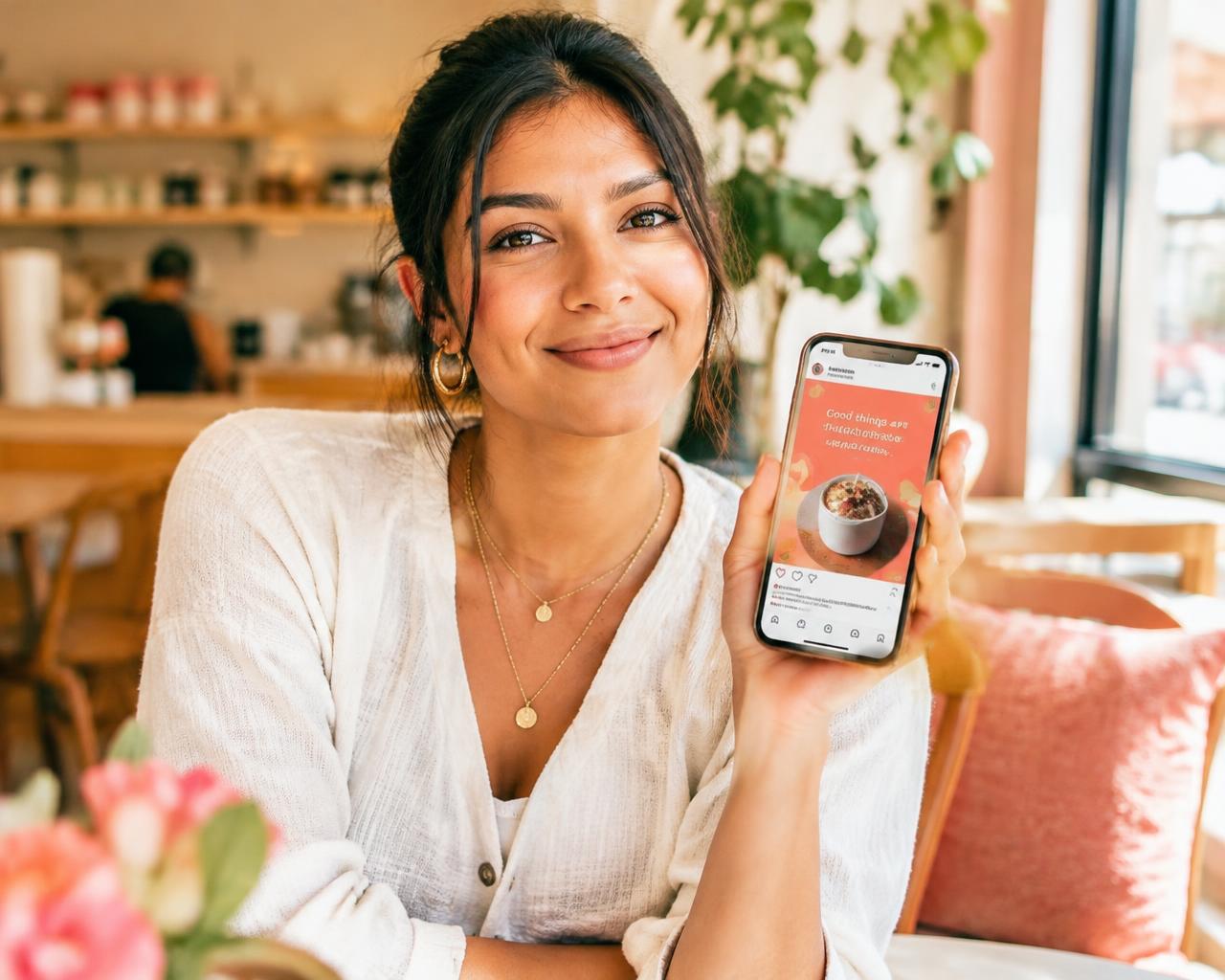 Business owner showing a social media post on her phone